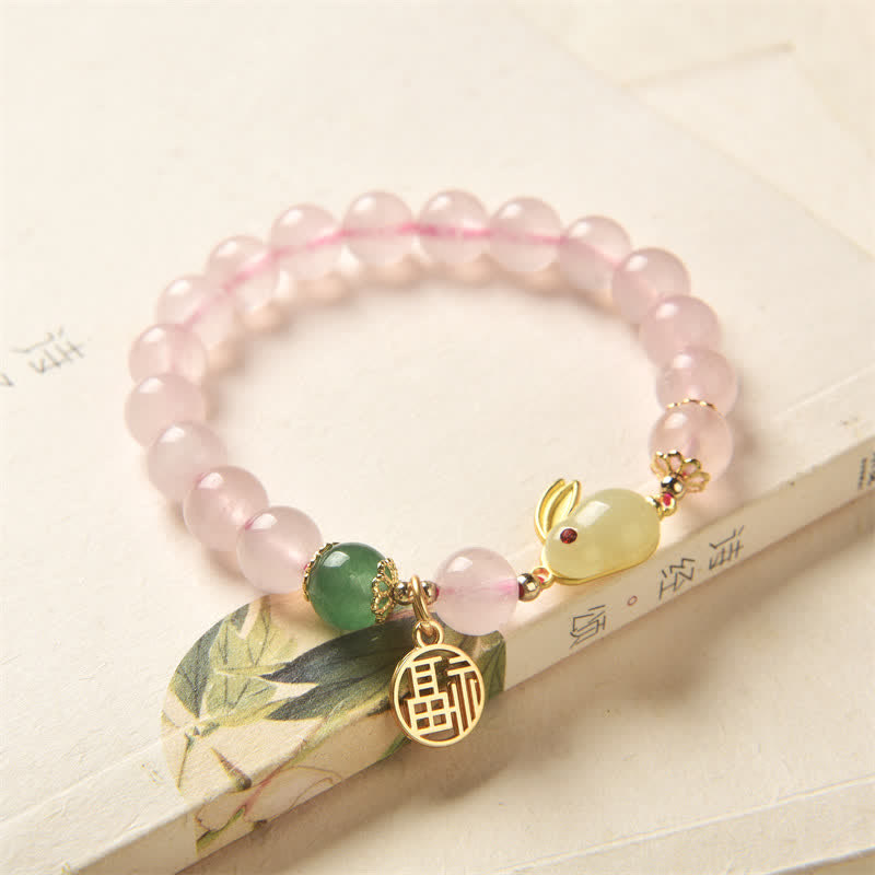 Year of the Rabbit Natural Pink Crystal Green Agate Bunny Love Happiness Bracelet