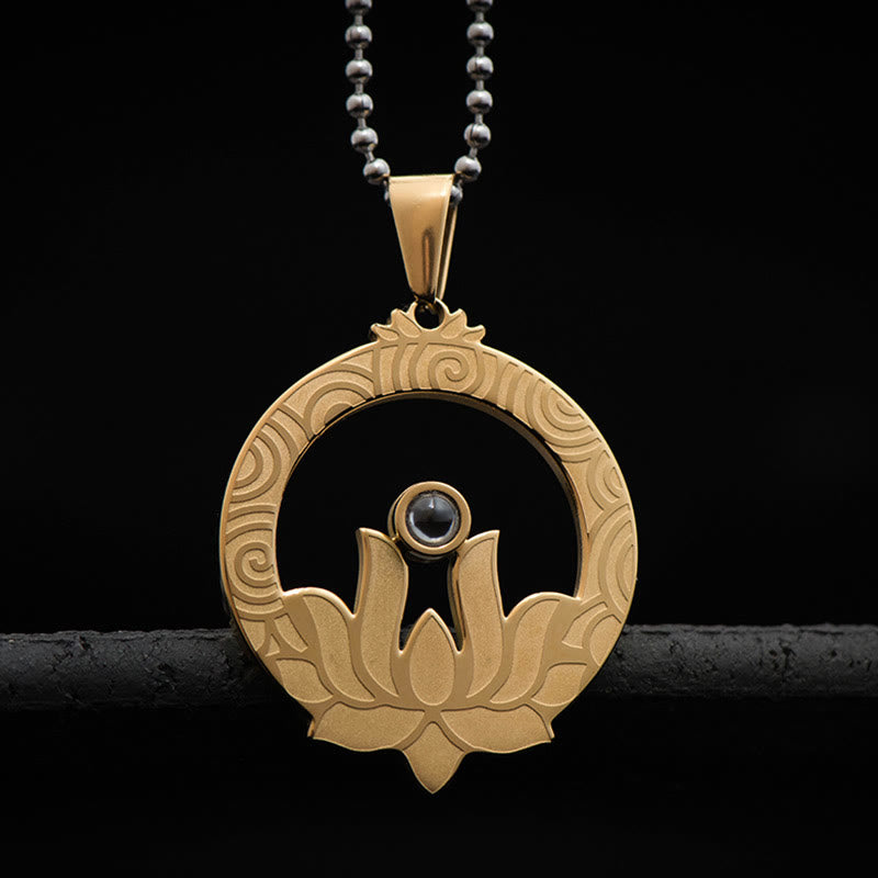 Buddha Stones Lotus Titanium Steel Enlightenment Projection Shurangama Mantra Necklace Pendant