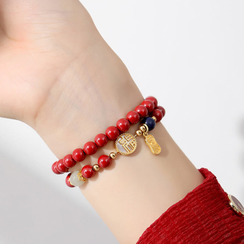 Buddha Stones 925 Sterling Silver Cinnabar Tridacna Stone Fu Character Double Wrap Blessing Bracelet