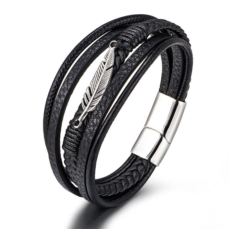 Buddha Stones Feather Pattern Multilayer Leather Titanium Steel Calm Braided Magnetic Buckle Bracelet