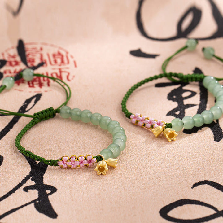 Buddha Stones Handmade Jade Bead Lily of the Valley Charm Luck Braided Bracelet