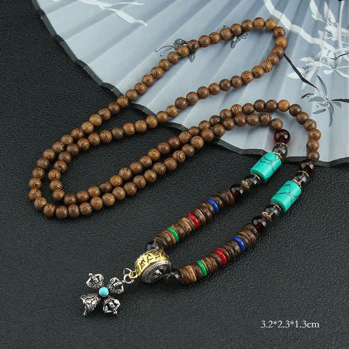 Buddha Stones Tibetan Om Mani Padme Hum Prayer Wheel Rotation Vajra Wood Necklace Pendant