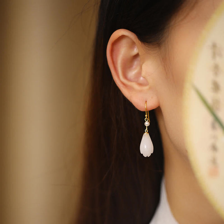 Buddha Stones 925 Sterling Silver White Jade Magnolia Flower Happiness Drop Earrings