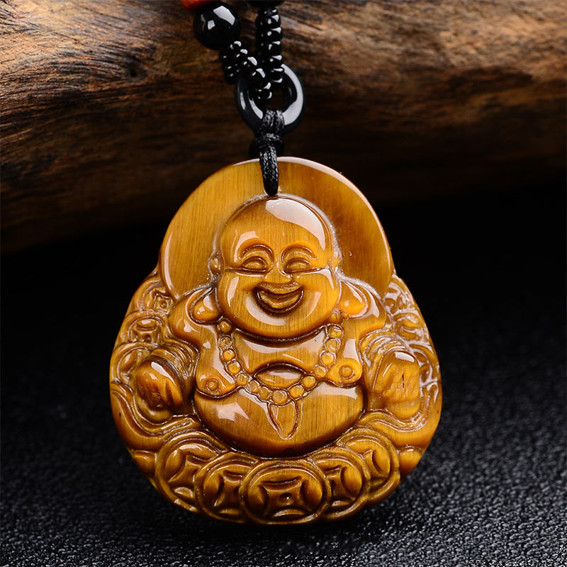 Buddha Stones Tiger's Eye Laughing Buddha Blessing Necklace