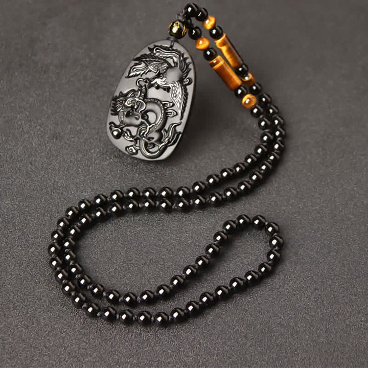 Black Obsidian Tiger Eye Dragon Phoenix Protection Beaded Necklace Pendant