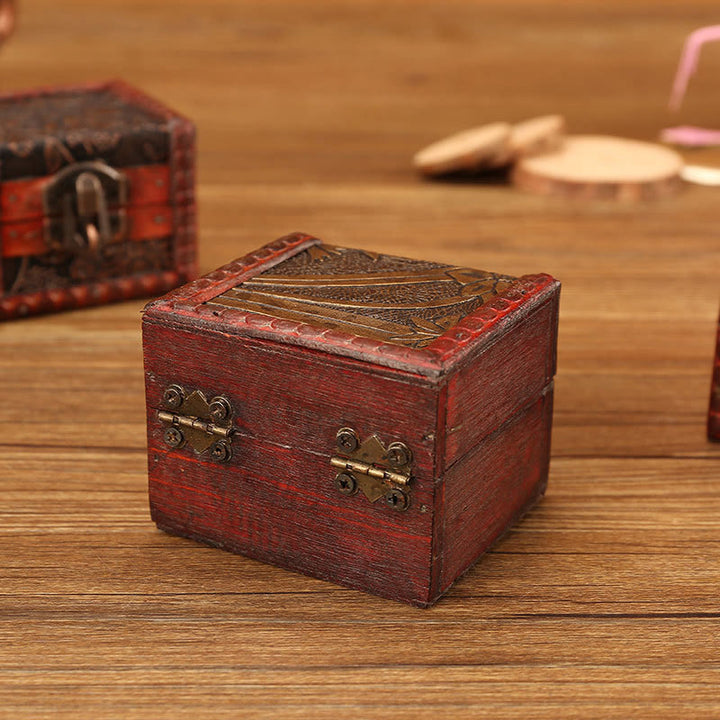 Buddha Stones Retro Small Square Wood Jewelry Box Lotus Grass Flower Grape Copper Coin Daffodil Jewelry Storage Box