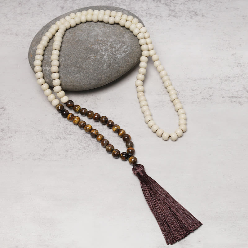 Buddha Stones Semi-Precious Gem Stones Wood Bead Necklace Multicolor Tassel Charms Chain Necklace