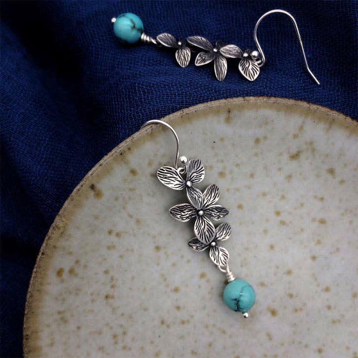 925 Sterling Silver Turquoise Lazurite Flower Leaf Serenity Protection Hook Drop Dangle Earrings