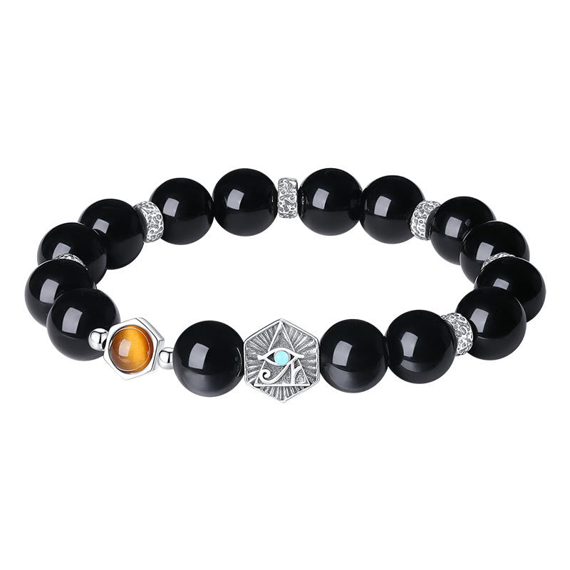 Buddha Stones 925 Sterling Silver Black Obsidian Tiger Eye Eye of Providence Purification Bracelet