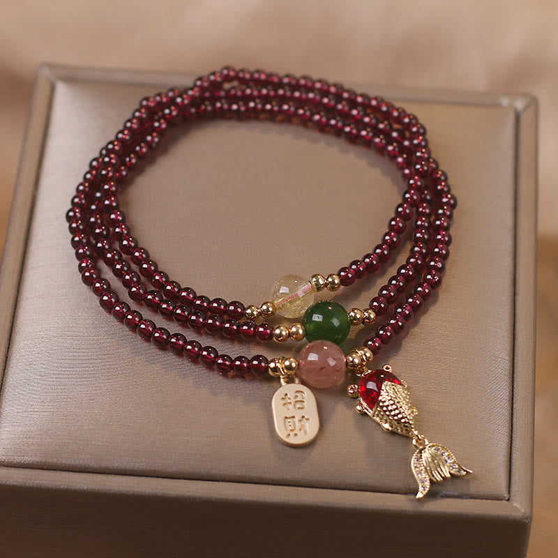 Buddha Stones Natural Garnet Strawberry Quartz Crystal Fox Koi Fish Peace Buckle Fortune Protection Triple Wrap Bracelet