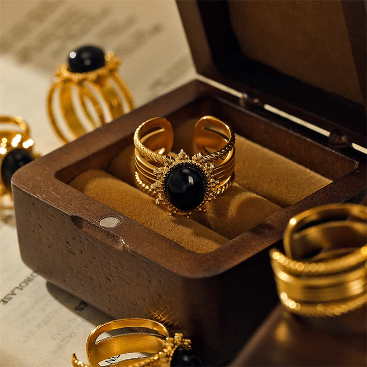 Buddha Stones 18K Gold Plated Black Obsidian Titanium Steel Strength Ring