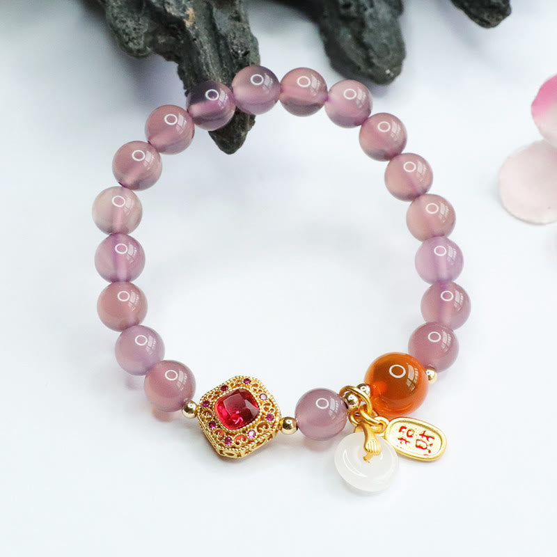 Buddha Stones Natural Purple Chalcedony Candy Agate Peace Buckle Harmony Lucky Fortune Charm Bracelet