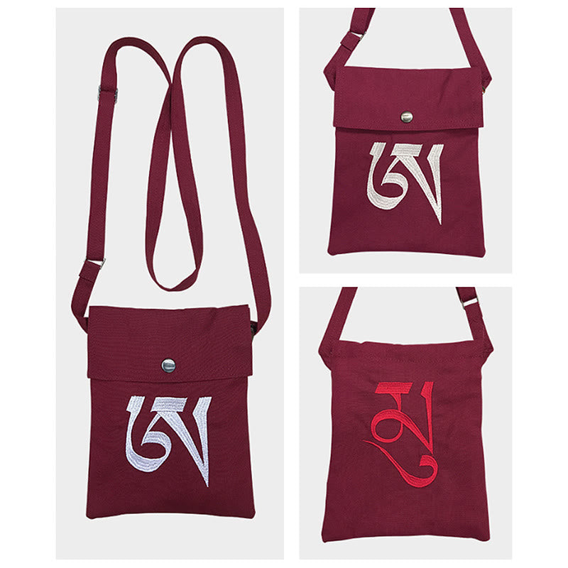 Handmade OM Mantra Embroidered Spiritual Mind Practice Cotton Crossbody Bag Shoulder Bag Cellphone Bag