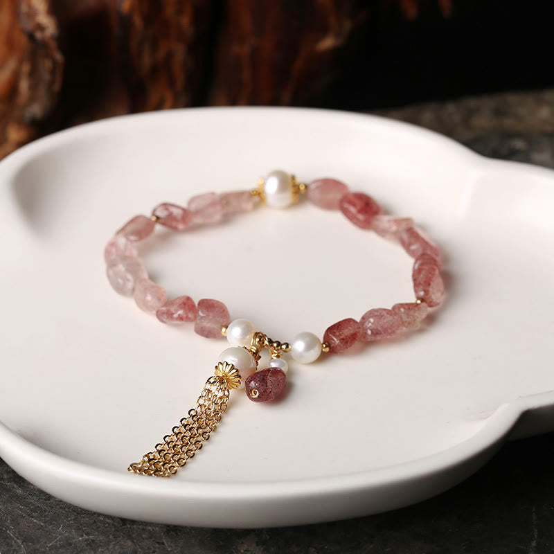 Natural Strawberry Quartz Pearl 14k Gold Plated Love Healing Bracelet