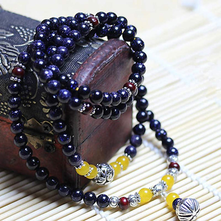 Buddha Stones Blue Sandstone Wealth Charm Bracelet Mala