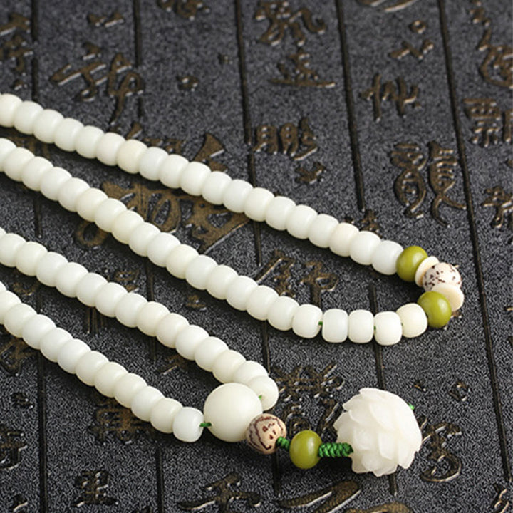 Buddha Stones White Jade Bodhi Lotus Mala Harmony Necklace Bracelet