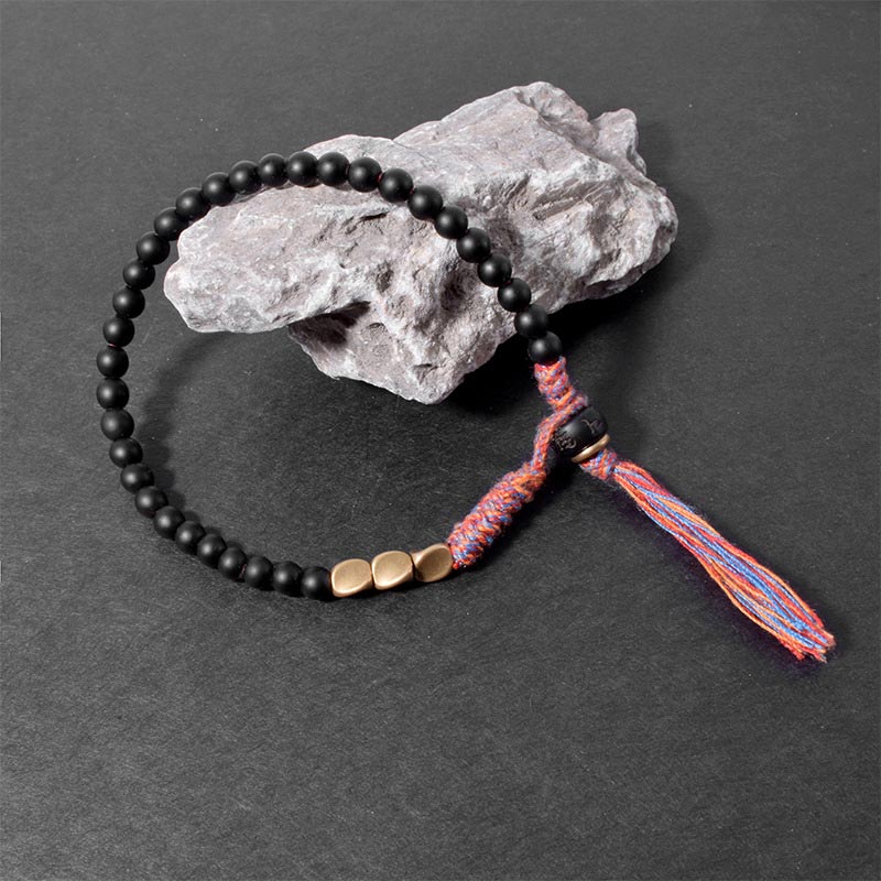 Buddha Stones Handmade Tibetan Black Onyx Tassel Bracelet