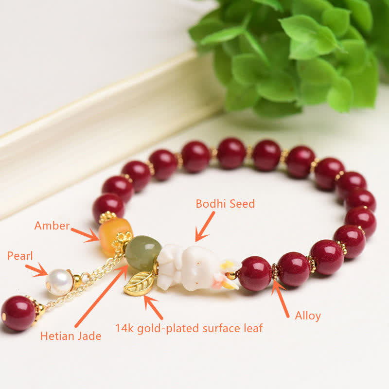 Year of the Rabbit Cinnabar Hetian Jade Bunny Beaded Blessing Bracelet