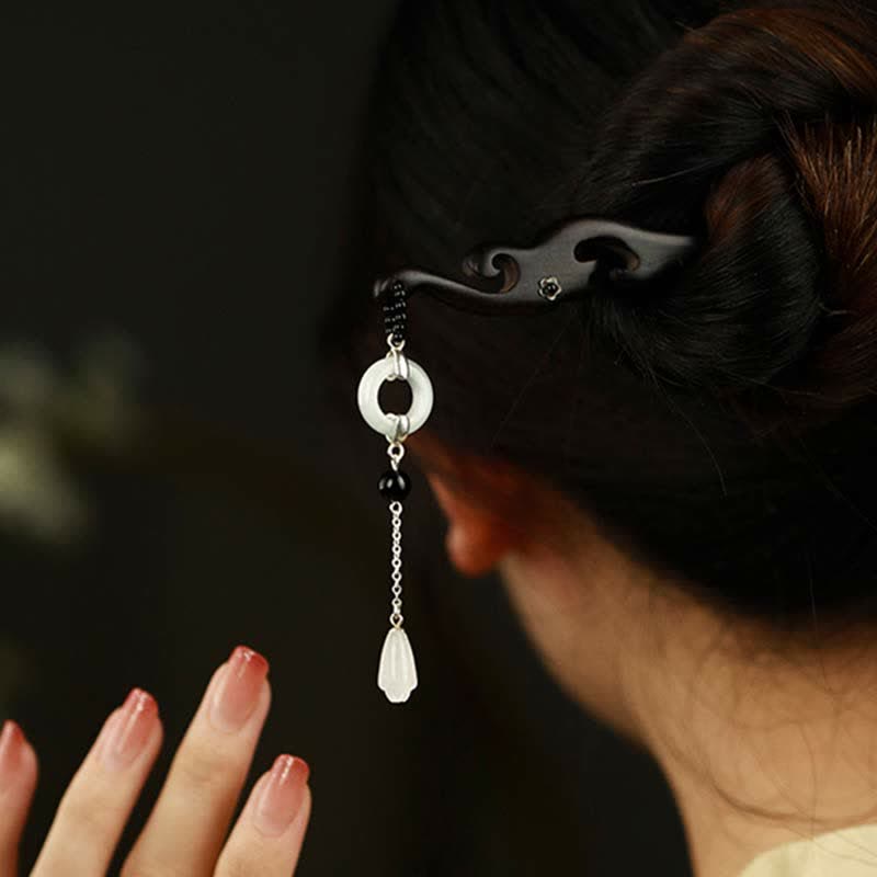 925 Sterling Silver Hetian White Jade Ebony Wood Protection Hairpin