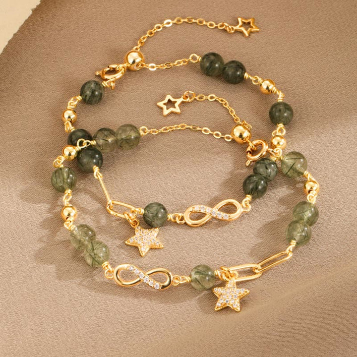 Buddha Stones 14K Gold Green Rutilated Quartz Möbius Loop Eternal Love Star Protection Bracelet