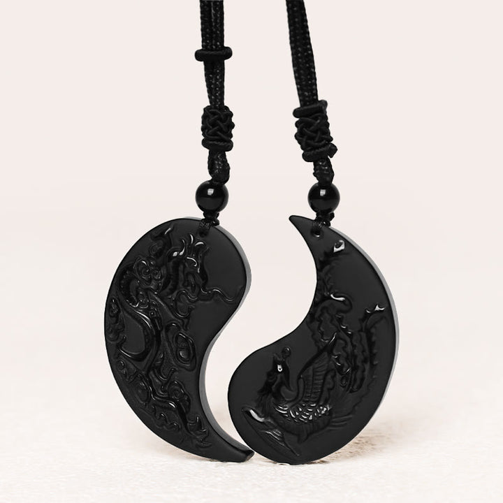 Buddha Stones Black Obsidian Yin Yang Dragon Phoenix Luck Necklace Pendant