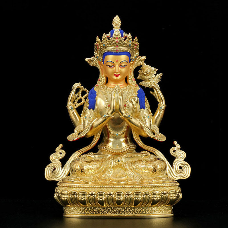 Chenrezig Four-armed Avalokitesvara Protection Copper Gold Plated Statue Decoration