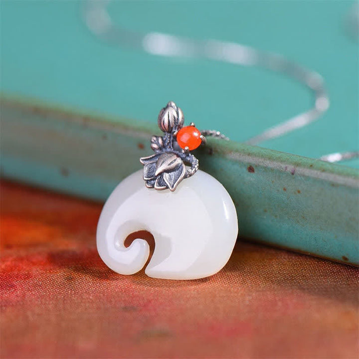 White Jade Elephant Lotus Protection Necklace Pendant