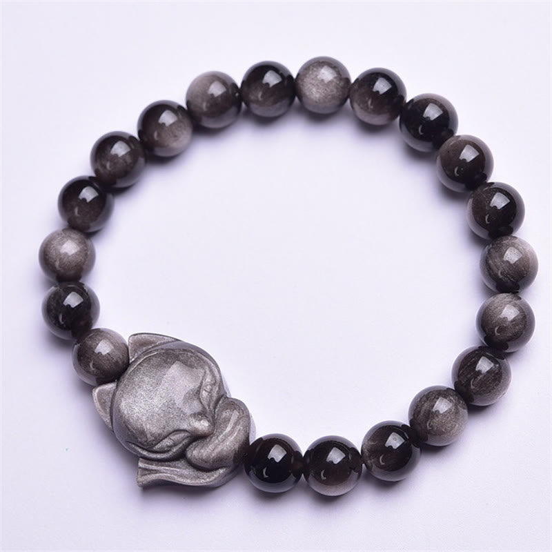 Buddha Stones Natural Silver Sheen Obsidian Fox Protection Bracelet