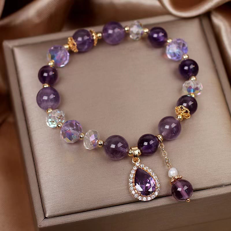 Natural Amethyst Zircon Love Heart Healing Soul Charm Bracelet