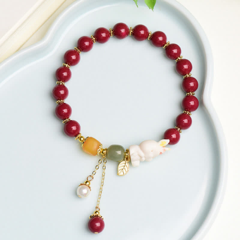 Year of the Rabbit Cinnabar Hetian Jade Bunny Beaded Blessing Bracelet