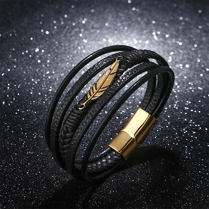 Buddha Stones Feather Pattern Multilayer Leather Titanium Steel Calm Braided Magnetic Buckle Bracelet