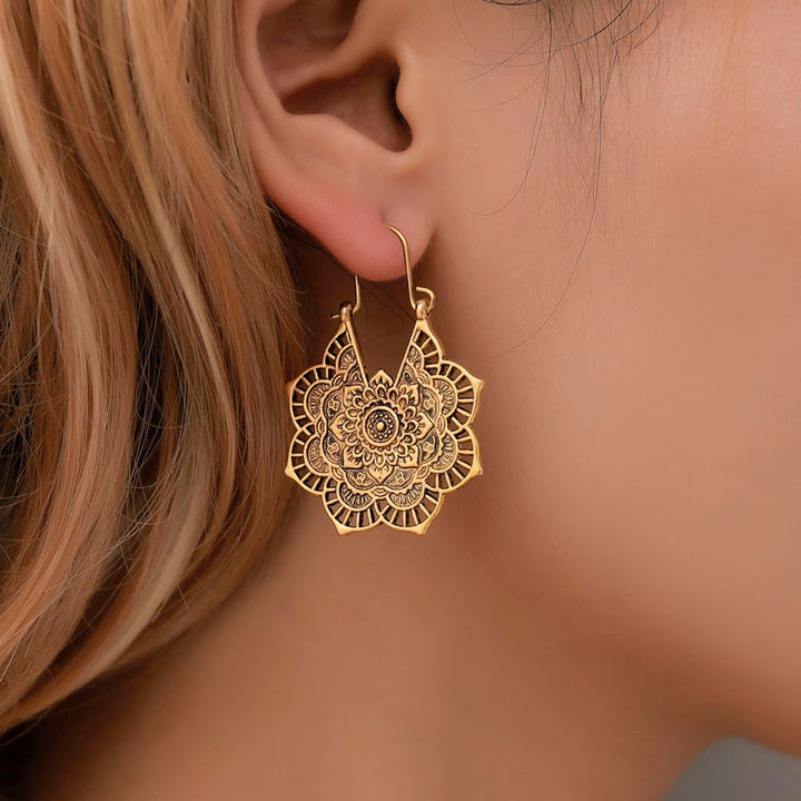 Buddha Stones Tibetan Lotus Engraving Copper Blessing Drop Earrings