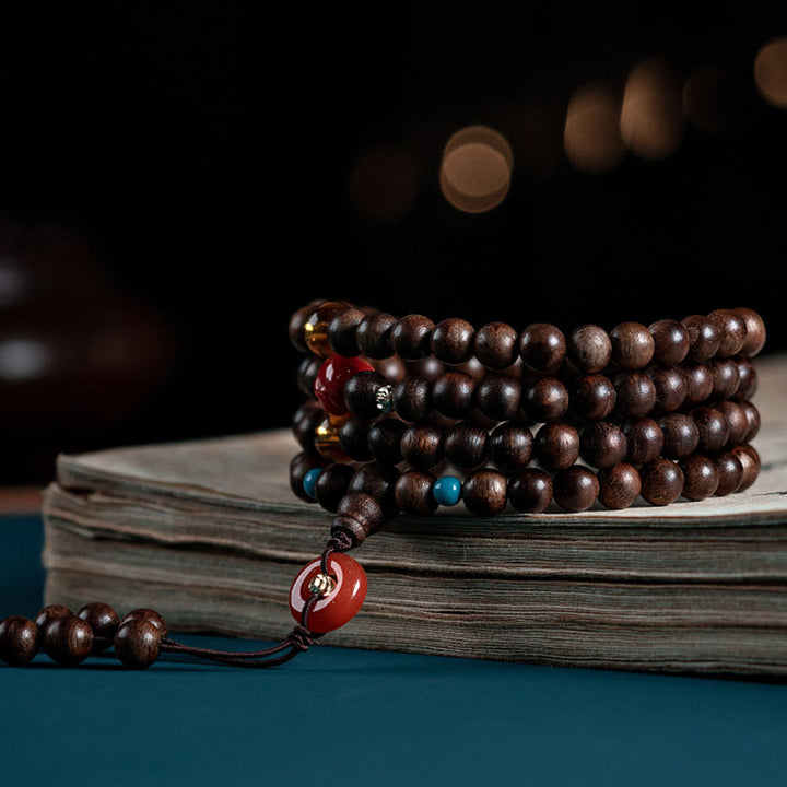 Buddha Stones 108 Mala Beads Kalimantan Agarwood Laughing Buddha Peace Buckle Red Agate Jade Strength Bracelet