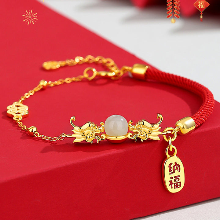 Buddha Stones Year of the Dragon 925 Sterling Silver Hetian Jade Attract Fortune Fu Character Luck Bracelet