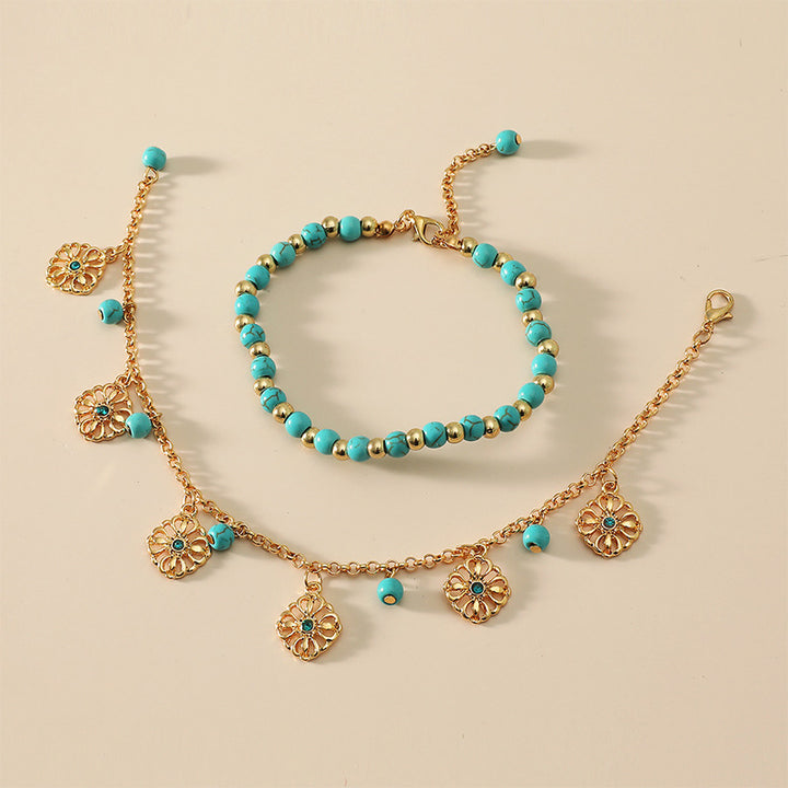 2Pcs Turquoise Stone Flower Protection Bracelet Anklet