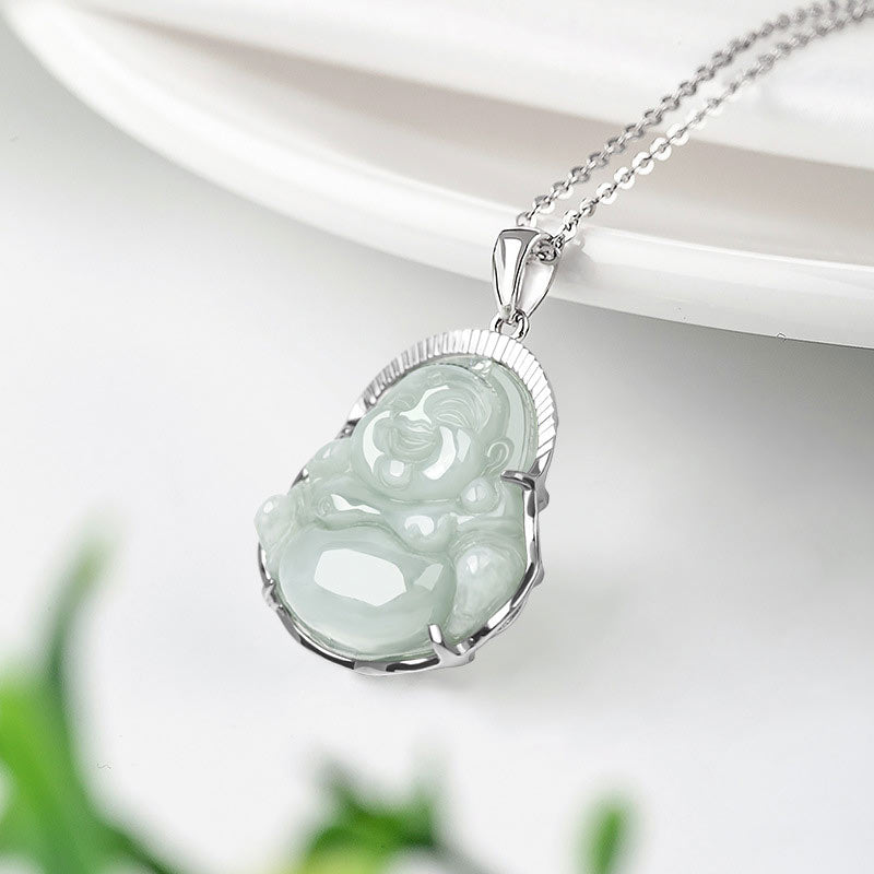 Buddha Stones 925 Sterling Silver Laughing Buddha Jade Luck Calm Necklace Chain Pendant