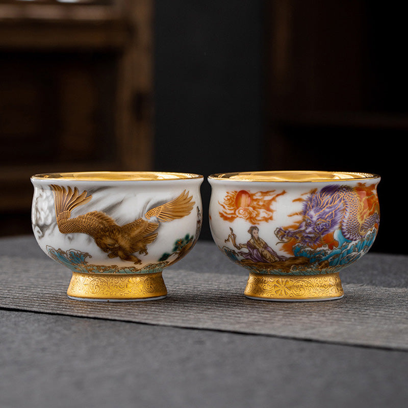 Buddha Stones Golden Eagle Auspicious Dragon Sun Ocean Waves Gilt Ceramic Teacup Kung Fu Tea Cup