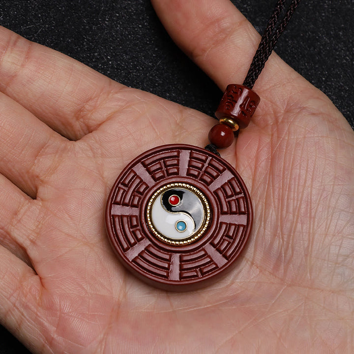 Buddha Stones Natural Cinnabar Bagua Rotatable Yin Yang Keep Away Evil Spirits Necklace Pendant