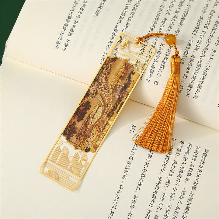 Buddha Stones A Panorama of Rivers and Mountains Metal Hollow Bookmarks Tassel With Gift Box