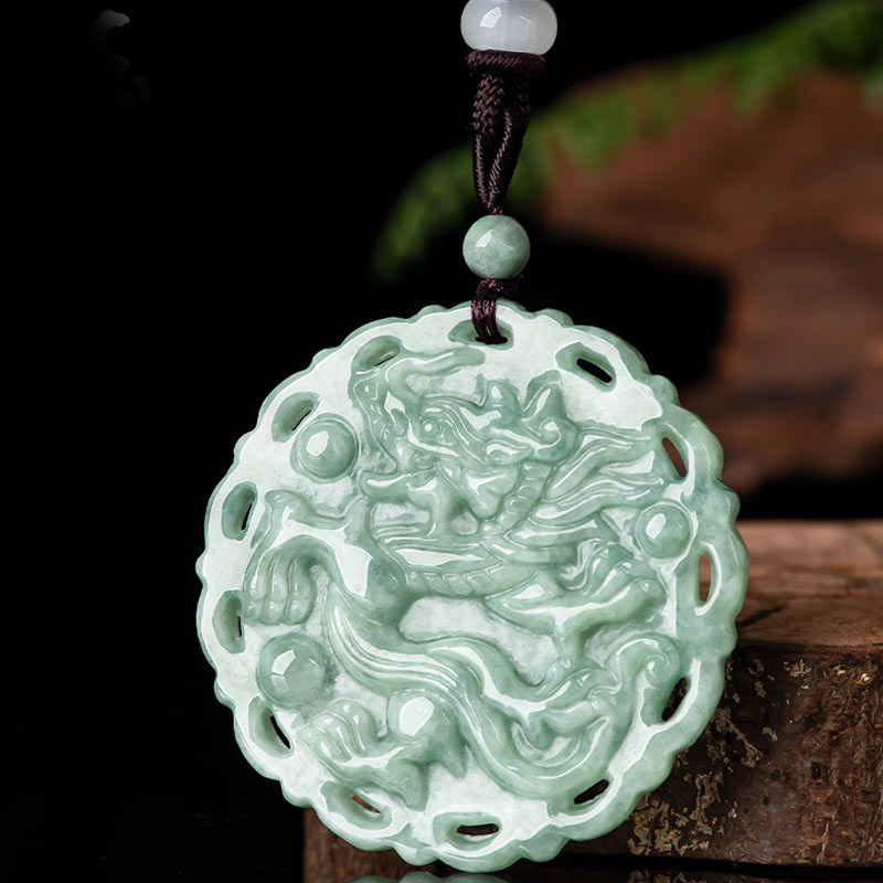 Buddha Stones Chinese Zodiac Dragon Phoenix Round Jade Luck Necklace String Pendant