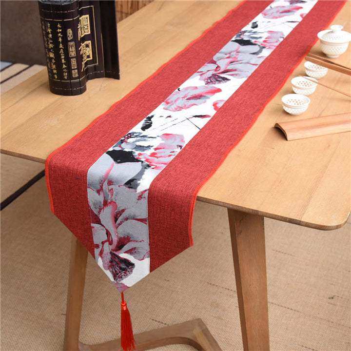 Buddha Stones Classic Chinese Style Lotus Koi Fish Flower Crane Calligraphy Enlightenment Cotton Linen Tassels Table Runner