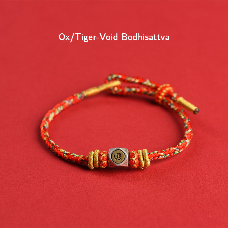 Buddha Stones 925 Sterling Silver Chinese Zodiac Natal Buddha Red Colorful Rope Luck Handcrafted Bracelet