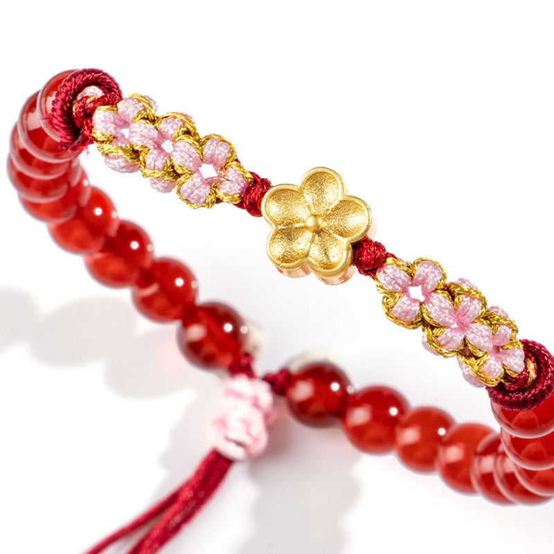 Buddha Stones 999 Sterling Silver Natural Red Agate Pink Crystal Cherry blossom Bracelet