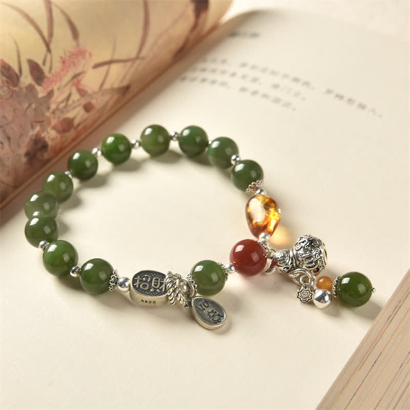 925 Sterling Silver Hetian Cyan Jade Gourd Amber Success Bracelet