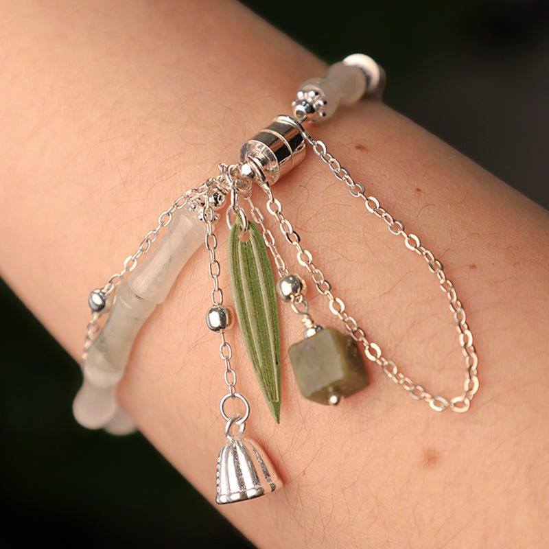 Buddha Stones 925 Sterling Silver Natural White Jade Bamboo Leaf Lantern Charm Happiness Bracelet