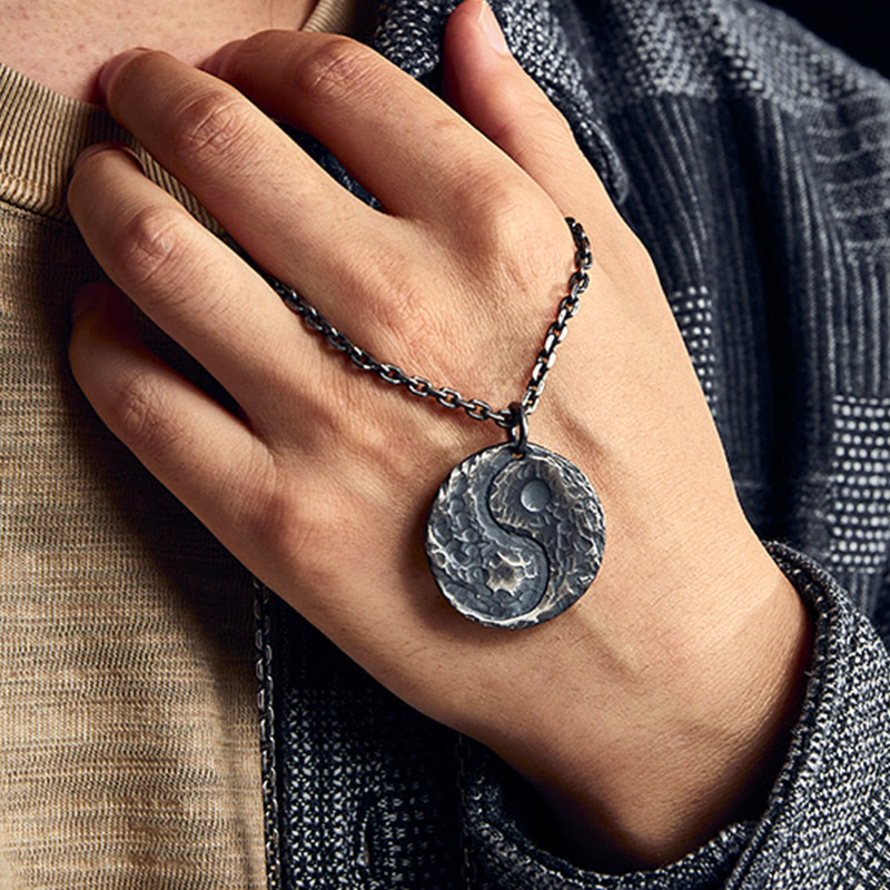 Buddha Stones 990 Sterling Silver Yin Yang Hammer Texture Harmony Necklace Pendant