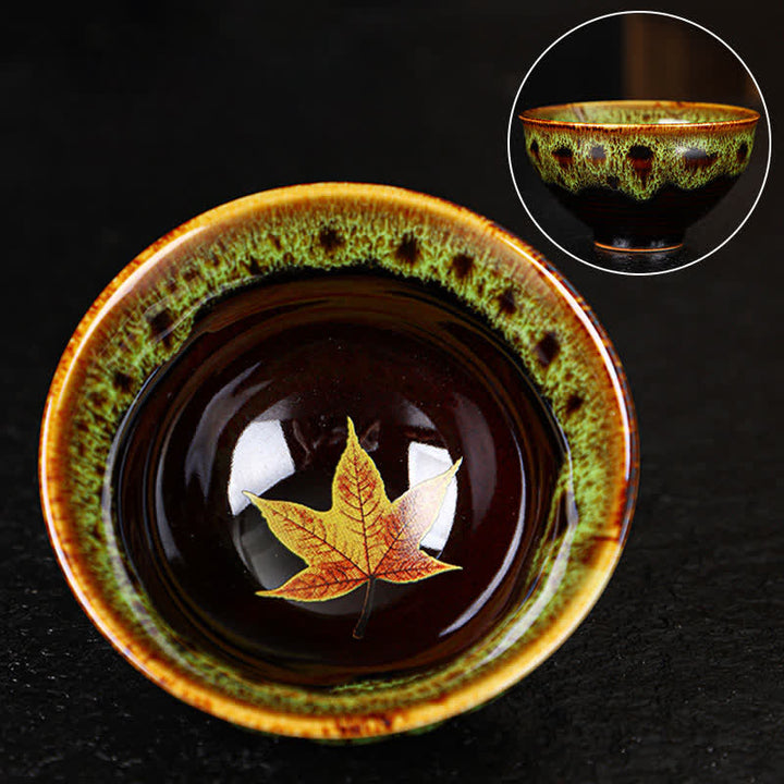 Buddha Stones Maple Leaf Colorful Ceramic Teacup Home Tea Cups