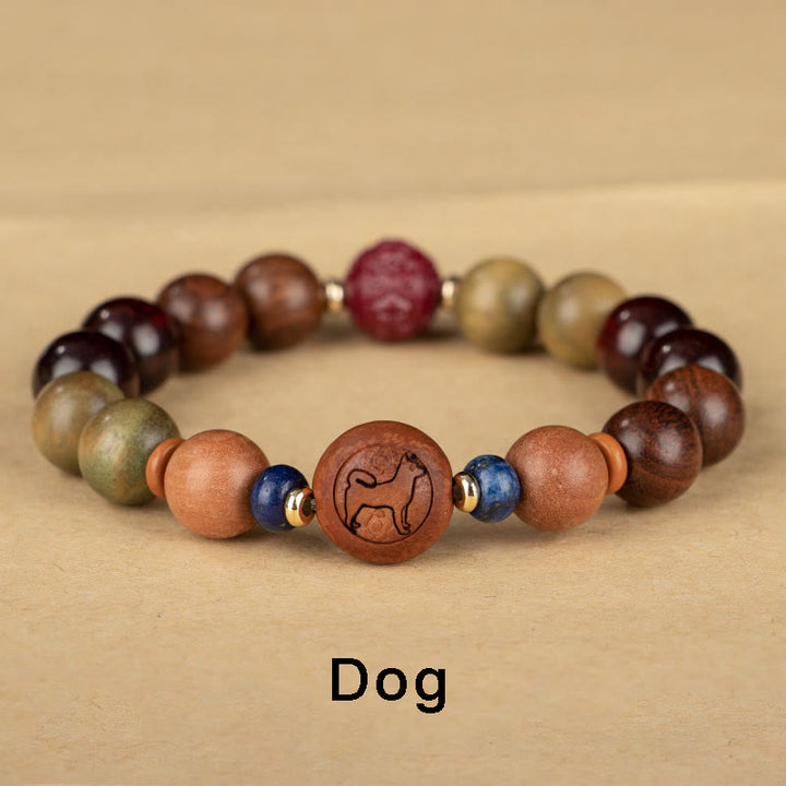 Buddha Stones Chinese Zodiac Natural Green Sandalwood Protection Bracelet