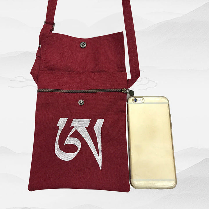 Handmade OM Mantra Embroidered Spiritual Mind Practice Cotton Crossbody Bag Shoulder Bag Cellphone Bag