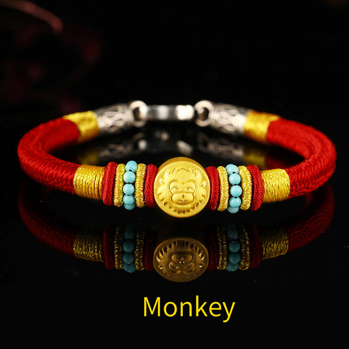 Buddha Stones 999 Gold Chinese Zodiac Om Mani Padme Hum King Kong Knot Protection Handcrafted Bracelet